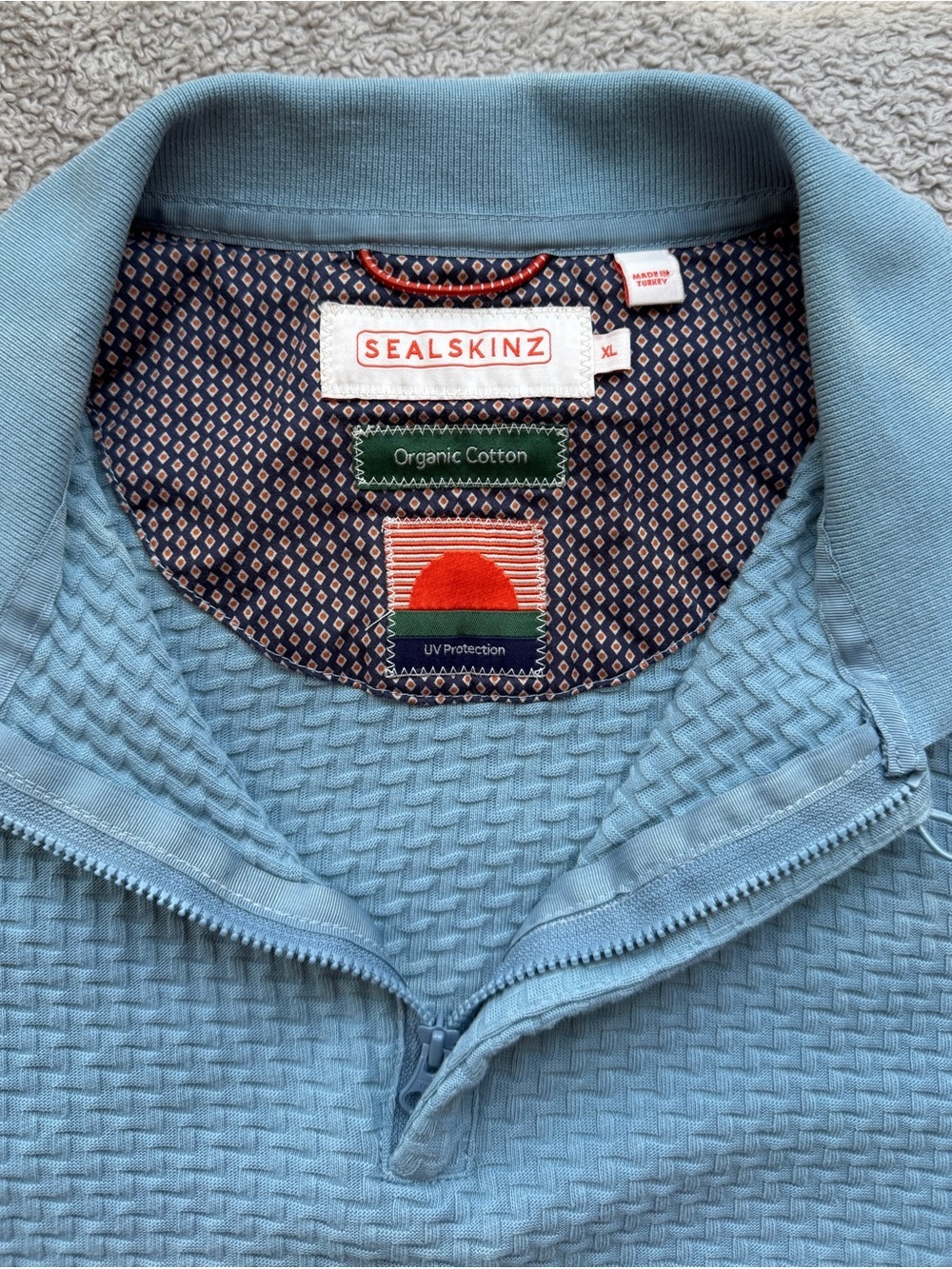 SEALSKINZ Men's XL Blue Organic Cotton Textured Knit Zip Polo UV Protection - Picture 3 of 7